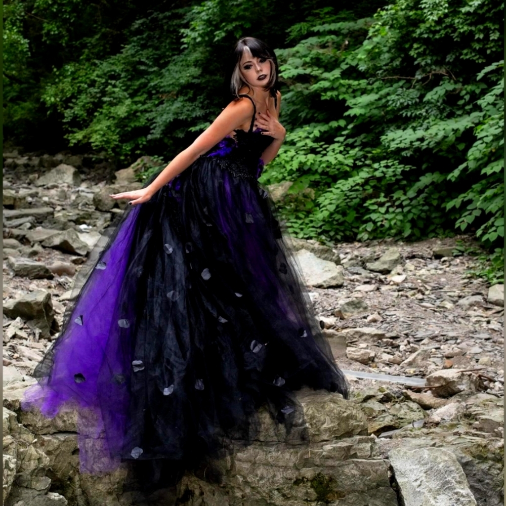 "LADY ANA" Custom Order Black & Purple Rose Petal Tulle Wedding Ballgown Set - Picture 2 of 13